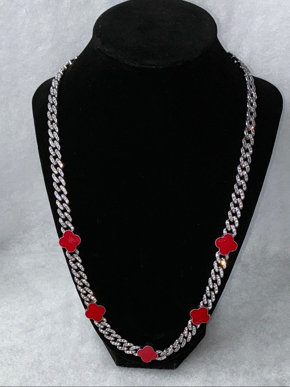 Stainless steelChain Necklace with Red Clover Accents 22”- Men Accessories Jewel